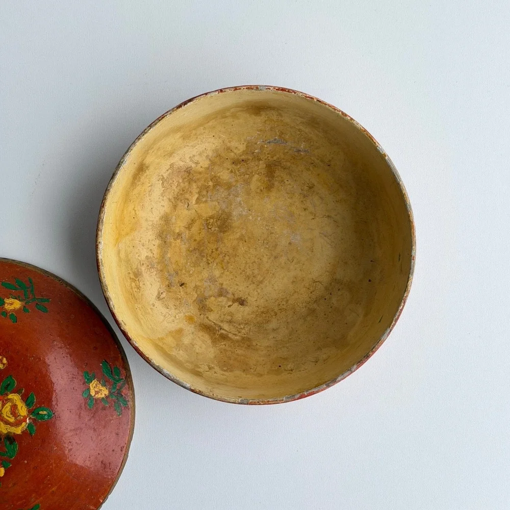 Antique Hand Painted Floral Lacquer Toleware Round Lidded Storage Box Red Gold
